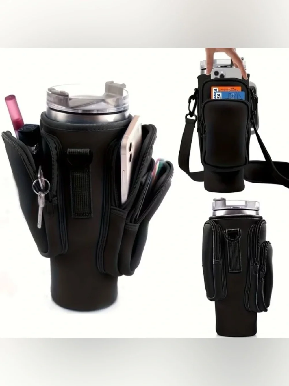 Water Bottle Carrier with Crossbody Strap and Zippered Pockets - Picture 4 of 10